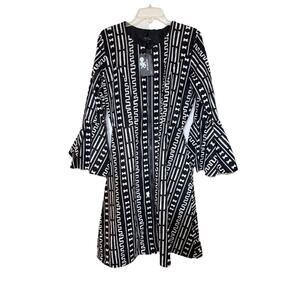 Ray Darten African Print Fit & Flare Dress Black White Bell Sleeve NWT Size L